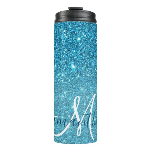 Modern Blue Glitter Sparkles Personalized Name Thermosbeker (Voorkant)