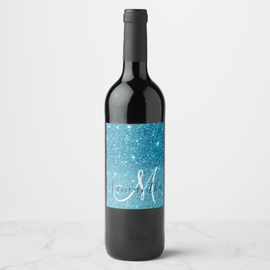 Modern Blue Glitter Sparkles Personalized Name Wijn Etiket (Voorkant)