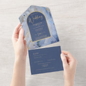 Modern Blue Gold Agate Marble Arch Wedding All In One Uitnodiging (Afscheurbaar)