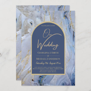 Modern Blue Gold Agate Marble Arch Wedding Kaart