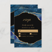Modern Blue Gold Foil Agate Wedding RSVP Kaartje (Voorkant / Achterkant)