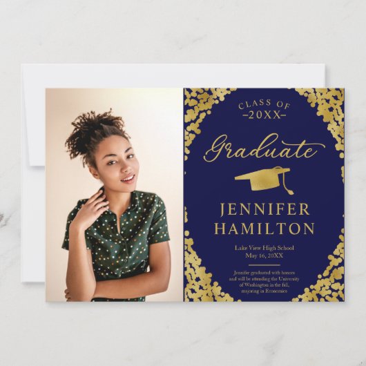 Modern Blue Gold Foto Afstuderen Aankondiging (Voorkant)
