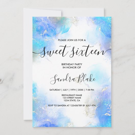 Modern Blue Gold Girly Trendy Sweet 16 Uitnodiging (Voorkant)