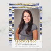 Modern Blue Gold Glitter Brush Stroke Afstuderen Aankondiging (Voorkant / Achterkant)