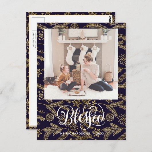 Modern Blue Gold Pine Bough Elegant Script BLESSED Briefkaart (Voorkant / Achterkant)