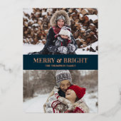 Modern Blue Gold Script Merry Bright Foto Folie Feestdagenkaart (Voorkant)
