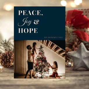 Modern Blue Gold Script Peace Joy Hope Foto Folie Feestdagenkaart