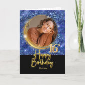 Modern Blue & Gold Script Photo Name 16th Birthday Kaart (Voorkant)