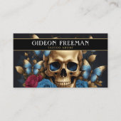 Modern Blue & Gold Skull Butterflies Tattoo Arties Visitekaartje (Voorkant)