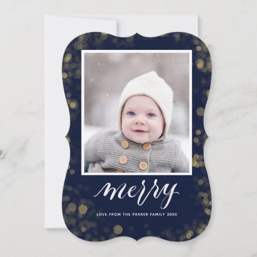 Modern Blue Gold Snowflakes Bokeh minimalistische Feestdagenkaart (Voorkant)