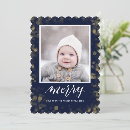 Modern Blue Gold Snowflakes Bokeh minimalistische Feestdagenkaart (Staand voorkant)