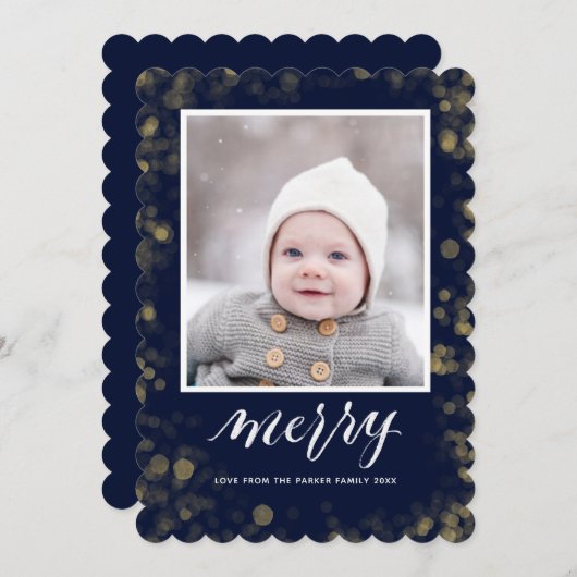 Modern Blue Gold Snowflakes Bokeh minimalistische Feestdagenkaart (Voorkant / Achterkant)