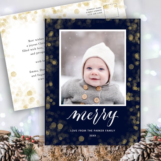 Modern Blue Gold Snowflakes Bokeh minimalistische Feestdagenkaart