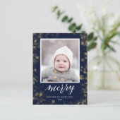 Modern Blue Gold Snowflakes Bokeh minimalistische Feestdagenkaart (Staand voorkant)