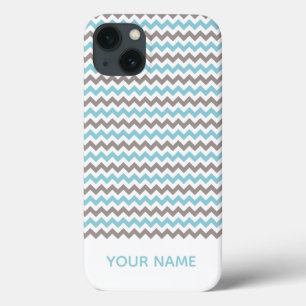 Modern Blue Gray Chevron Pattern met naam iPhone 13 Hoesje