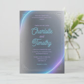 Modern Blue Gray Purple Electric Neon Glow Wedding Kaart (Staand voorkant)