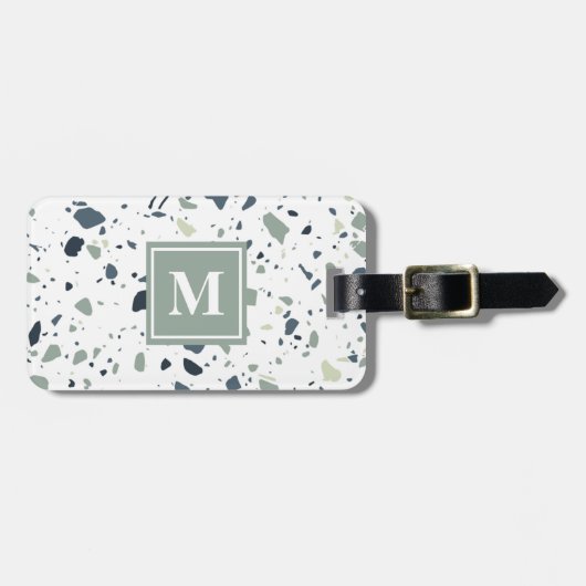 Modern Blue Green Terrazzo Marble Monogram Bagagelabel (Voorkant horizontaal)