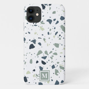 Modern Blue Green Terrazzo Marble Monogram iPhone 11 Hoesje