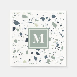 Modern Blue Green Terrazzo Marble Monogram Servet