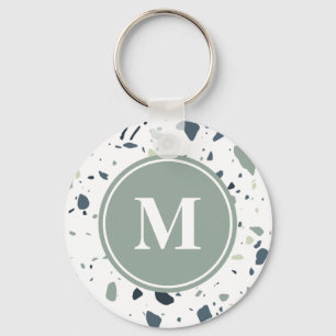 Modern Blue Green Terrazzo Marble Monogram Sleutelhanger