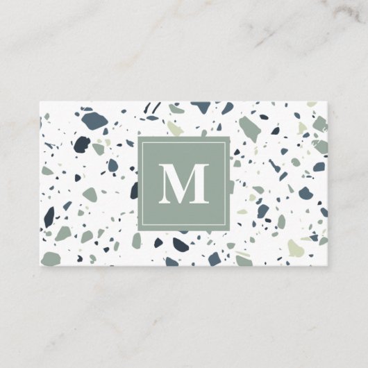 Modern Blue Green Terrazzo Marble Monogram Visitekaartje (Voorkant)