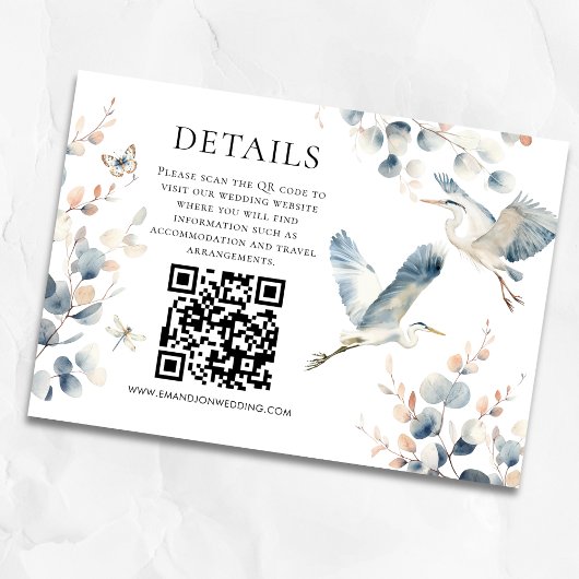 Modern Blue Heron QR-code Trouwdetails Informatiekaartje