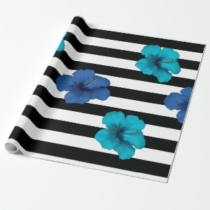 Modern Blue Hibiscus Black White Stripes Cadeaupapier