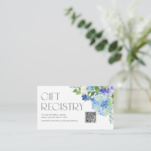 Modern Blue Hydrangea Baby shower QR Code Registry Informatiekaartje (Staand voorkant)