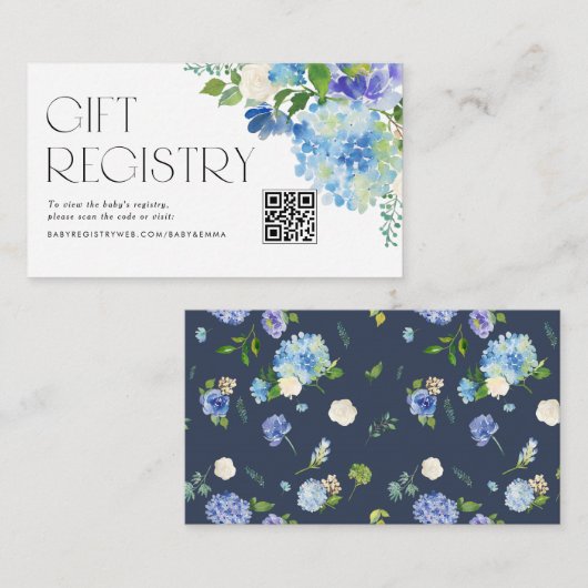 Modern Blue Hydrangea Baby shower QR Code Registry Informatiekaartje (Voorkant / Achterkant)