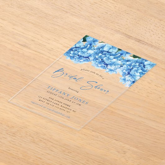 Modern Blue Hydrangea Floral Vrijgezellenfeest Acryl Uitnodigingen (Laagn)