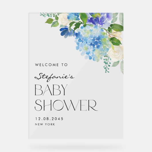 Modern Blue Hydrangea Flowers Baby shower Welkom Acryl Bord (Voorkant)