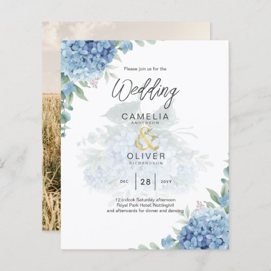 Modern Blue Hydrangea PHOTO Wedding Invitation (Voorkant / Achterkant)