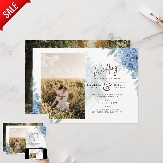 Modern Blue Hydrangea PHOTO Wedding Invitation
