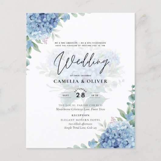 Modern Blue Hydrangea PHOTO Wedding Invitation Flyer (Voorkant)