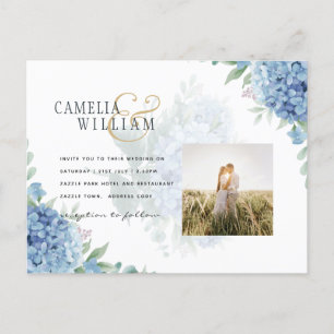 Modern Blue Hydrangea Wedding QR Code Briefkaart