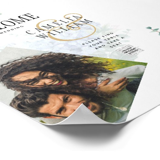 Modern Blue Hydrangea Wedding QR Code Poster (Hoek)