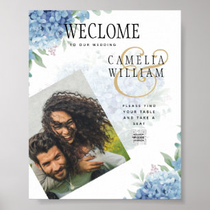 Modern Blue Hydrangea Wedding QR Code Poster