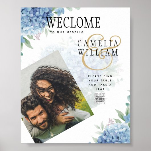 Modern Blue Hydrangea Wedding QR Code Poster (Voorkant)
