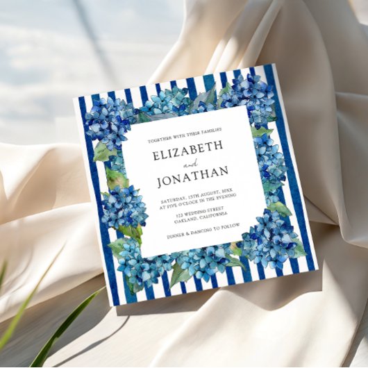 Modern Blue Hydrangeas Watercolor Stripe Wedding Kaart