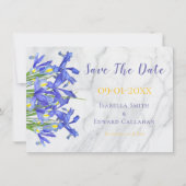 Modern Blue Iris Floral Grey Marmer Wedding Save The Date (Voorkant)