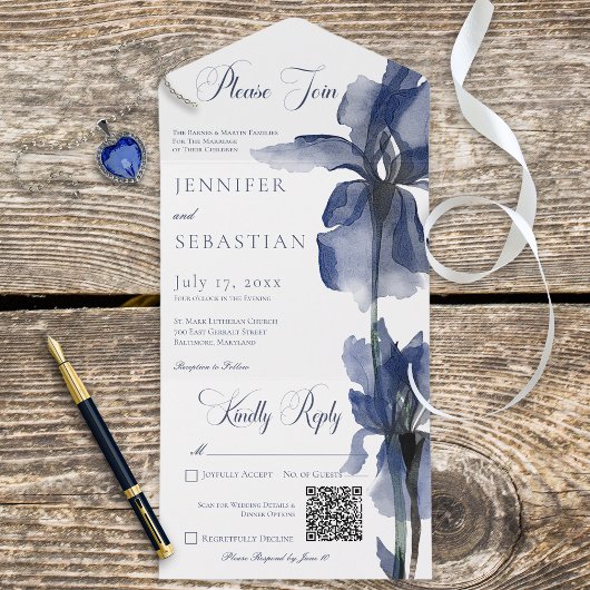 Modern Blue Iris Flower QR-code All In One Uitnodiging