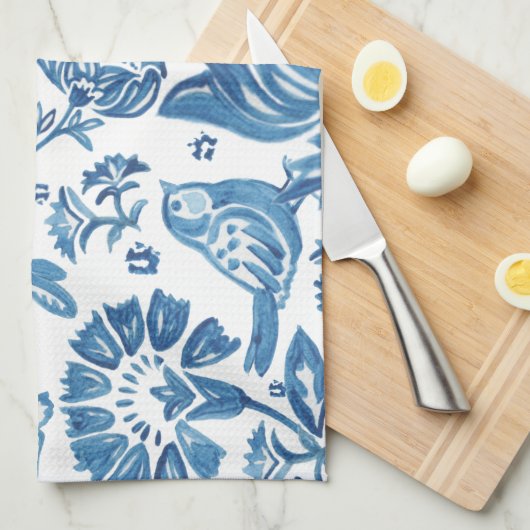 Modern Blue Jacobean Floral Rabbit Bird Pattern Theedoek (Quarter Fold)