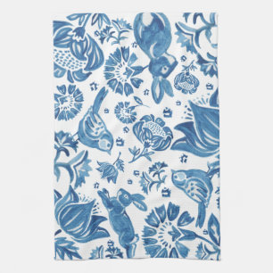 Modern Blue Jacobean Floral Rabbit Bird Pattern Theedoek