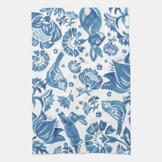 Modern Blue Jacobean Floral Rabbit Bird Pattern Theedoek