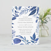 Modern Blue Leaf Elegant Wedding Invitation Kaart (Staand voorkant)