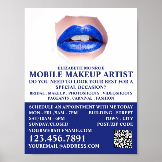 Modern Blue Lips, Makeup Artist Advertising Poster (Voorkant)
