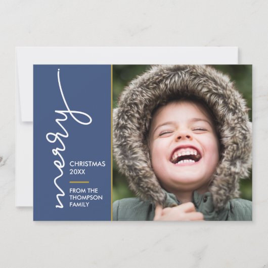Modern blue Merry Christmas Script Photo Card (Voorkant)