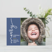 Modern blue Merry Christmas Script Photo Card (Staand voorkant)