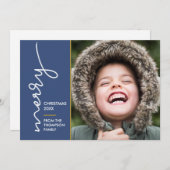 Modern blue Merry Christmas Script Photo Card (Voorkant / Achterkant)