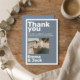 Modern blue minimalist photo wedding thank you bedankkaart